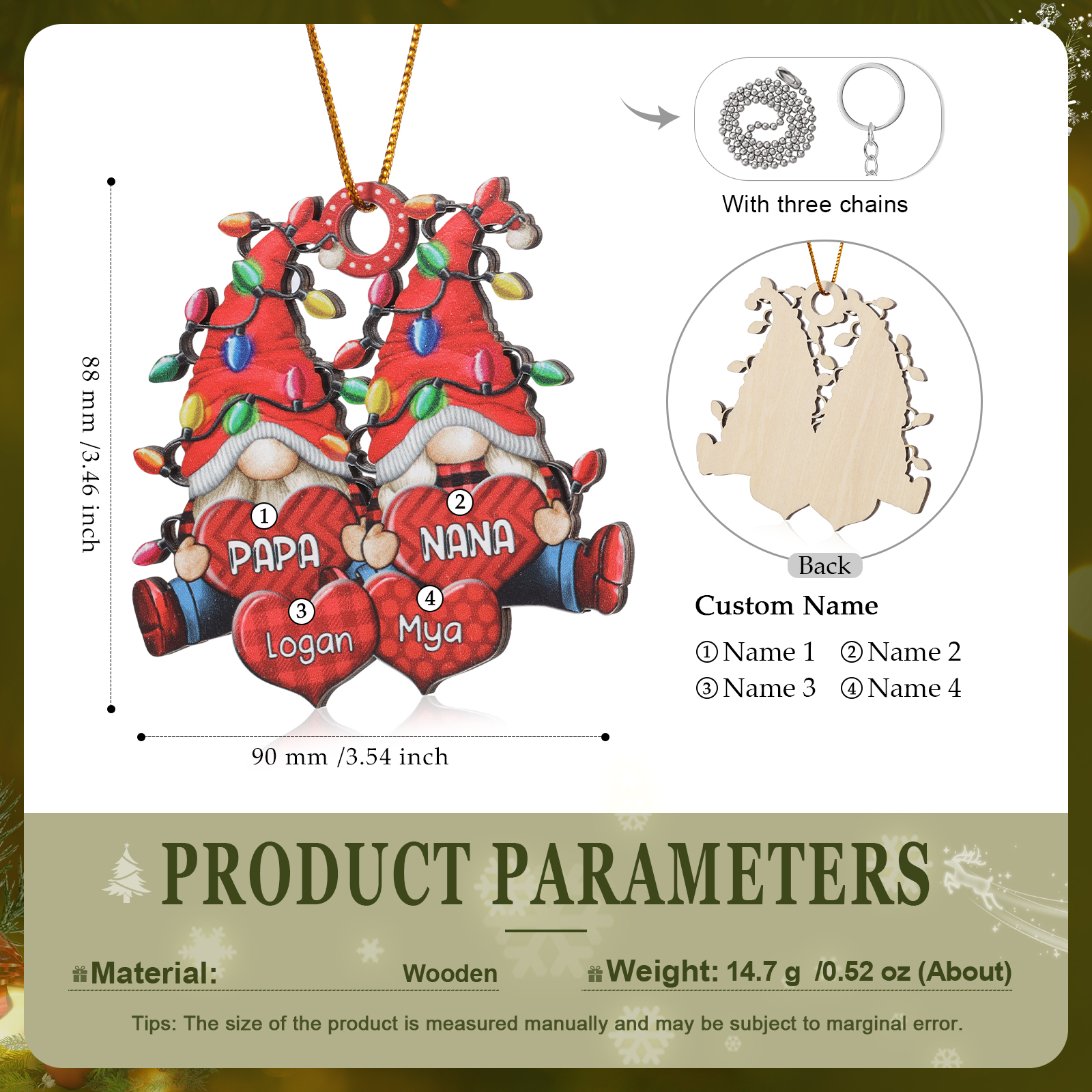 Personalised Gnome Family Wooden Christmas Ornament Custom with 4 Names Keychain Gift For Nana Papa-Jessemade AU