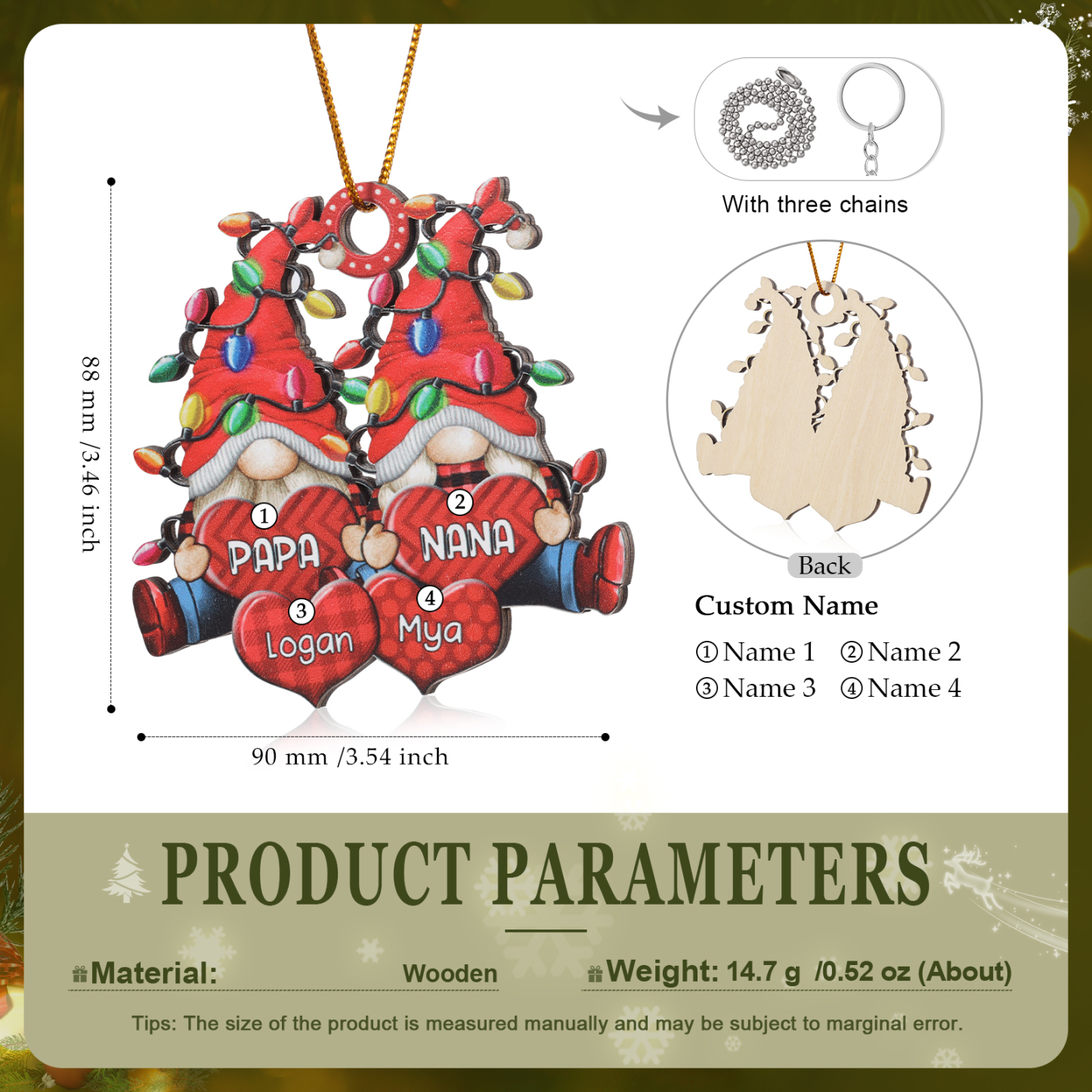Personalised Gnome Family Wooden Christmas Ornament Custom with 4 Names Keychain Gift For Nana Papa-Jessemade AU