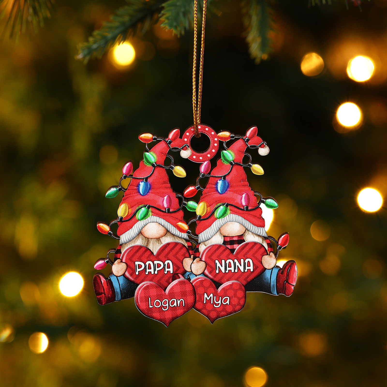 Personalised Gnome Family Wooden Christmas Ornament Custom with 4 Names Keychain Gift For Nana Papa
