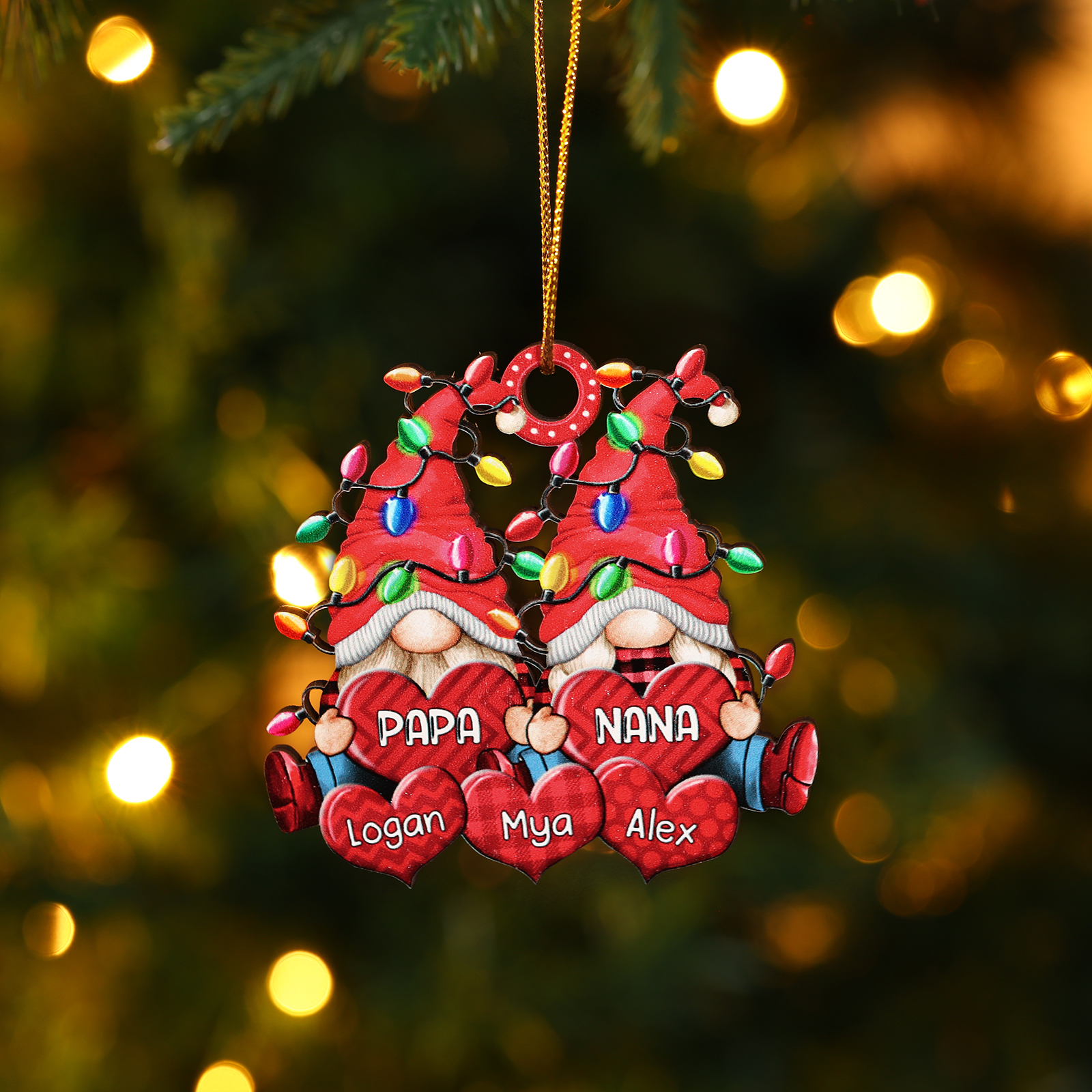 Personalised Gnome Family Wooden Christmas Ornament Custom with 5 Names Keychain Gift For Nana Papa