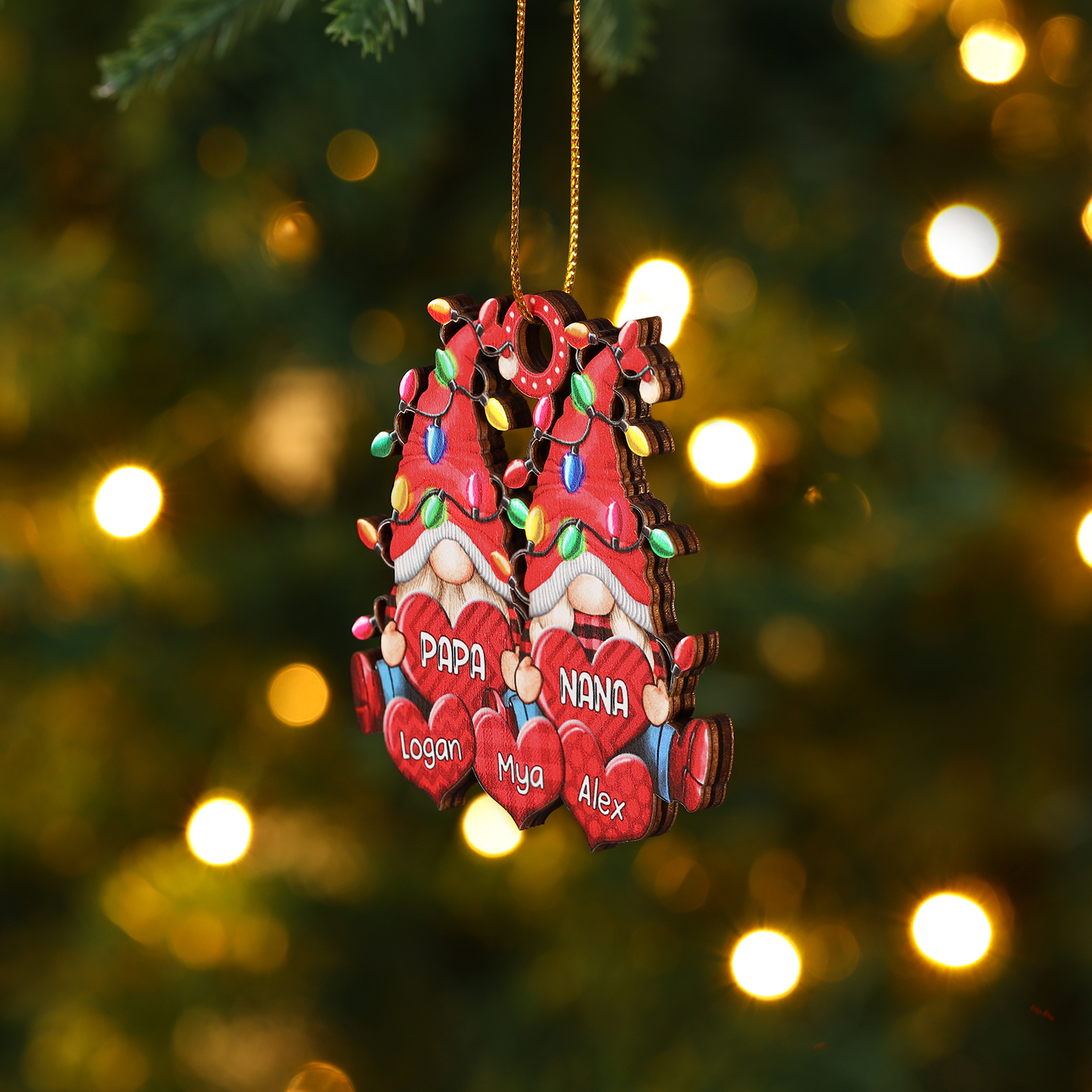 Personalised Gnome Family Wooden Christmas Ornament Custom with 5 Names Keychain Gift For Nana Papa-Jessemade AU