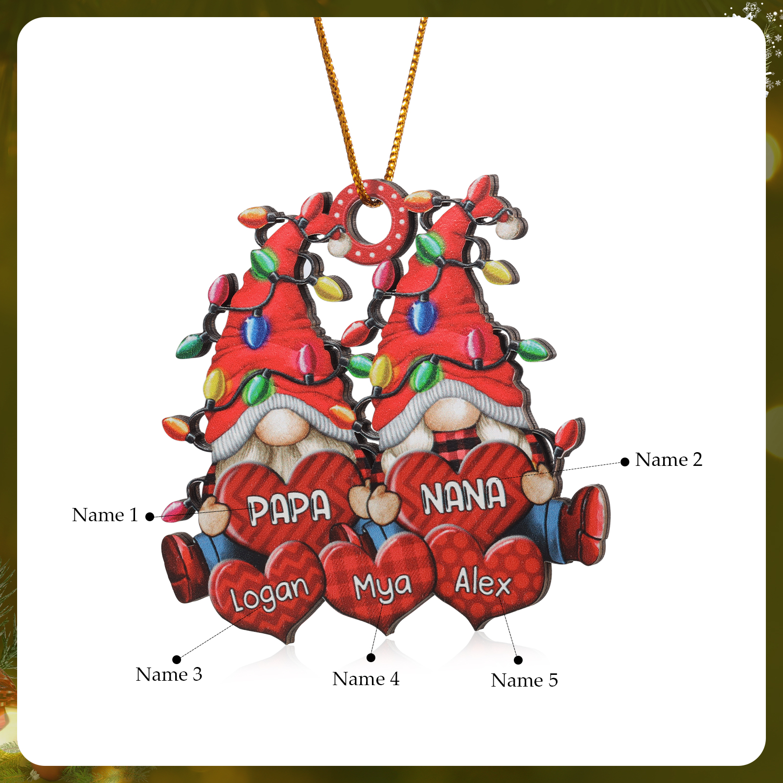 Personalised Gnome Family Wooden Christmas Ornament Custom with 5 Names Keychain Gift For Nana Papa