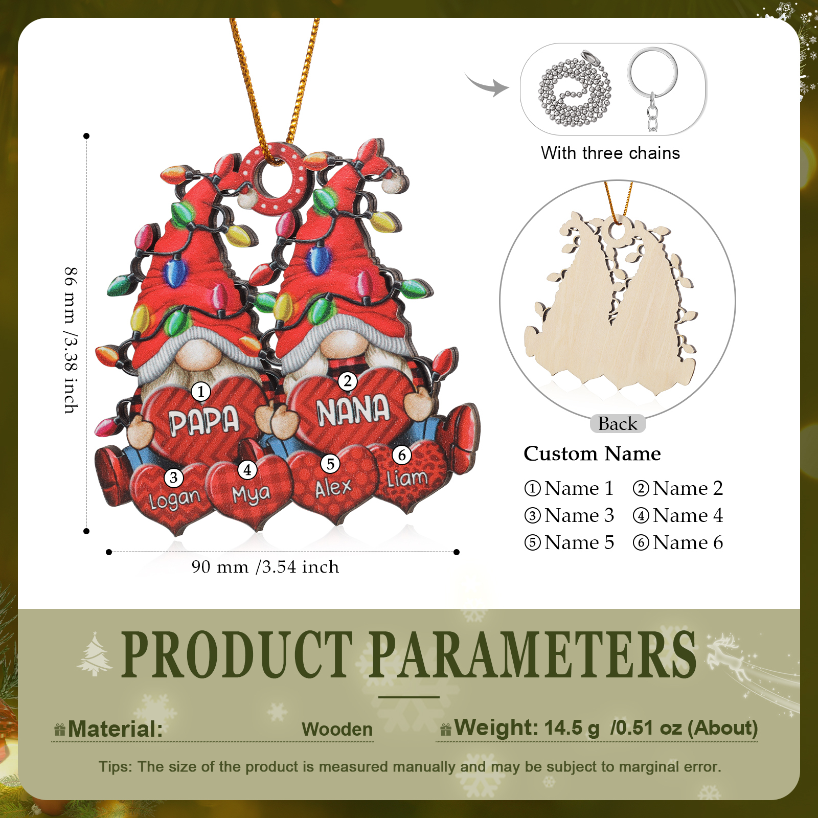 Personalised Gnome Family Wooden Christmas Ornament Custom with 6 Names Keychain Gift For Nana Papa-Jessemade AU