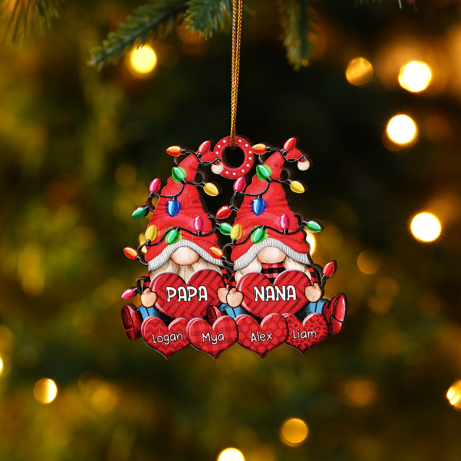 Personalised Gnome Family Wooden Christmas Ornament Custom with 6 Names Keychain Gift For Nana Papa