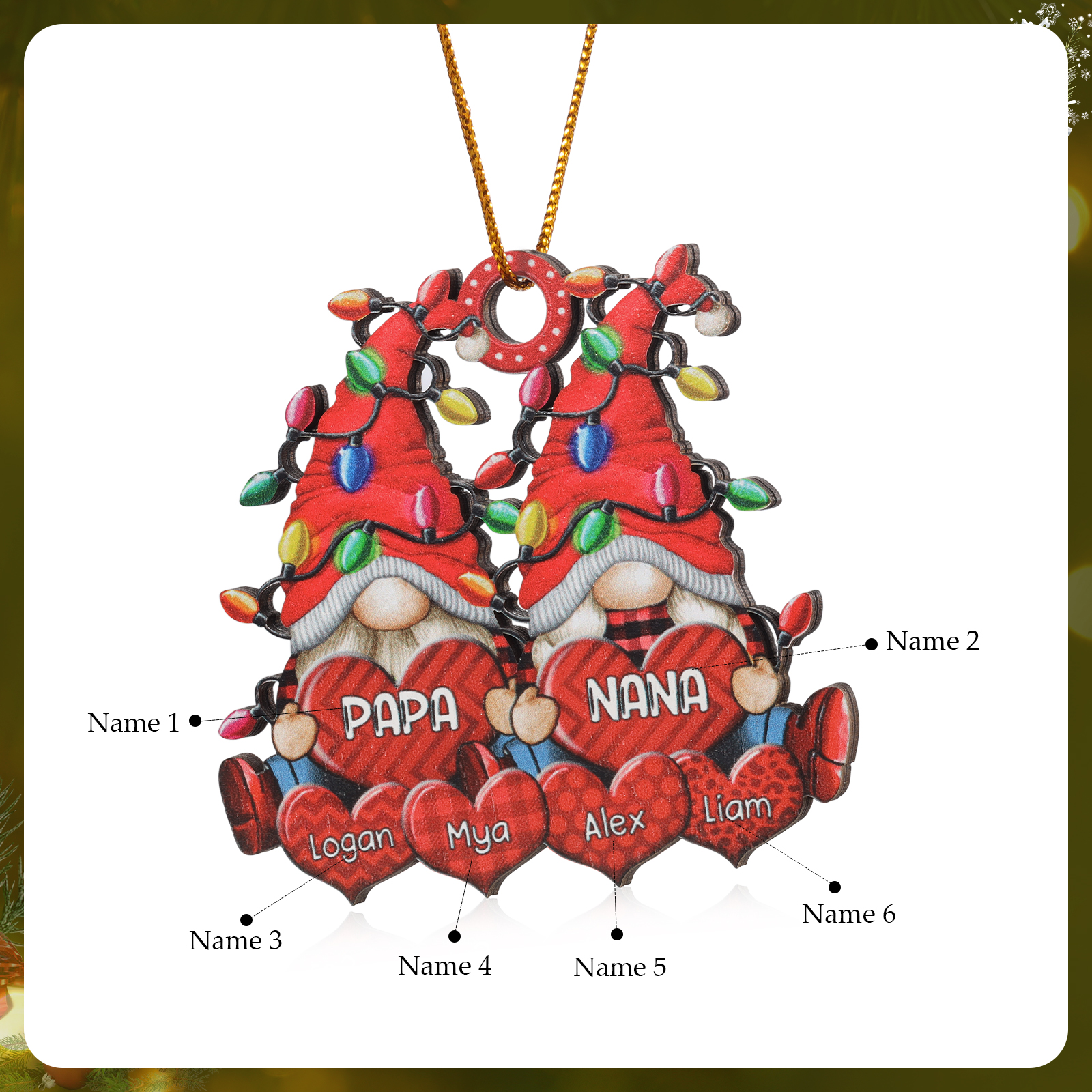 Personalised Gnome Family Wooden Christmas Ornament Custom with 6 Names Keychain Gift For Nana Papa