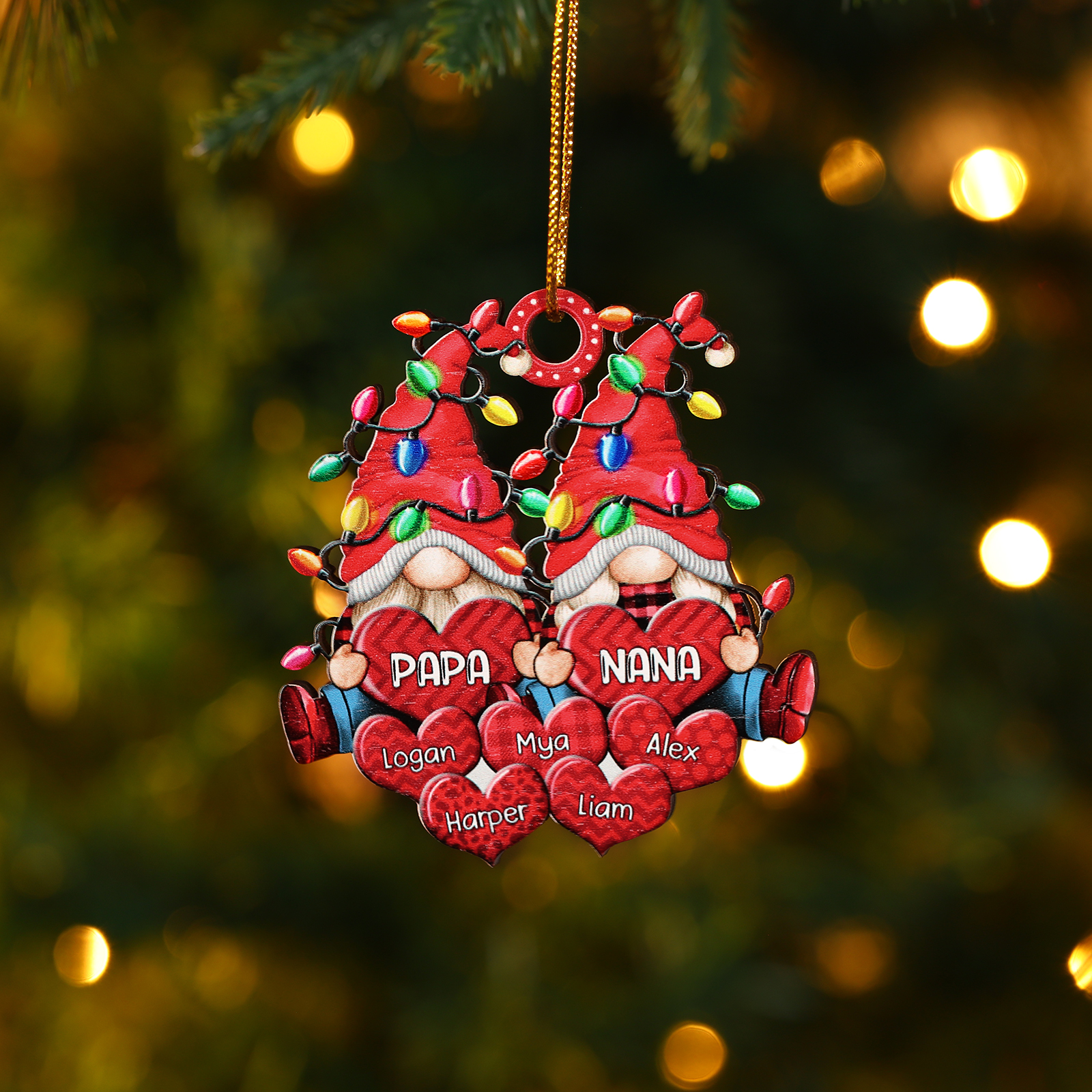 Personalised Gnome Family Wooden Christmas Ornament Custom with 7 Names Keychain Gift For Nana Papa
