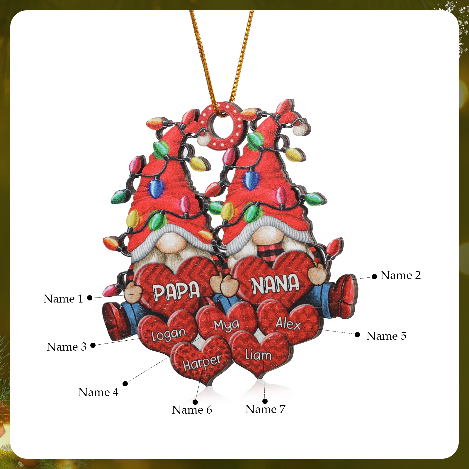 Personalised Gnome Family Wooden Christmas Ornament Custom with 7 Names Keychain Gift For Nana Papa