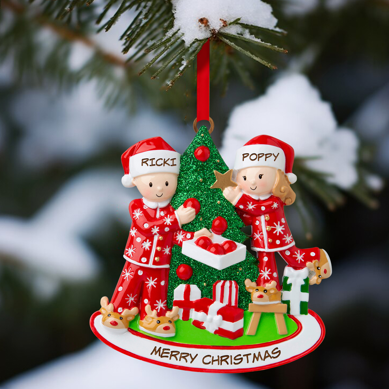 Personalised Couple Ornament with Names Festive Christmas Tree Decorating Scene