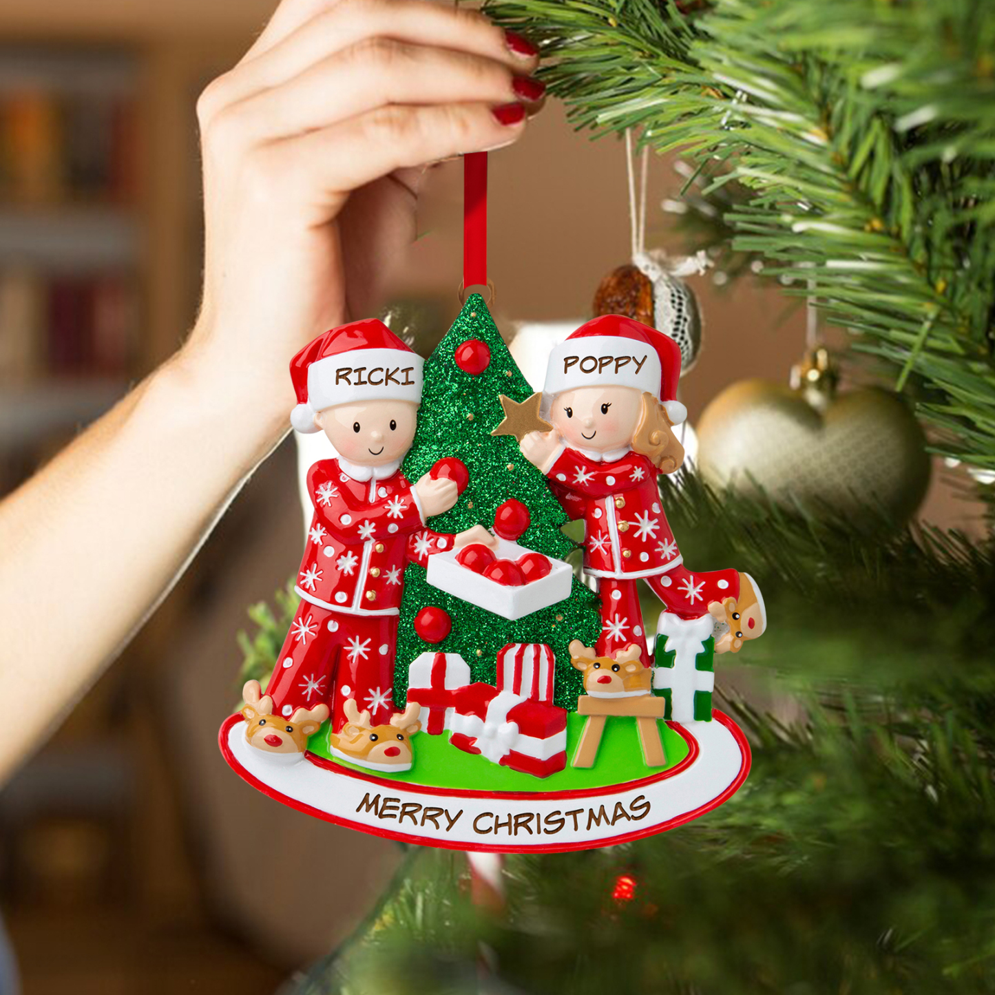 Personalised Couple Ornament with Names Festive Christmas Tree Decorating Scene-Jessemade AU
