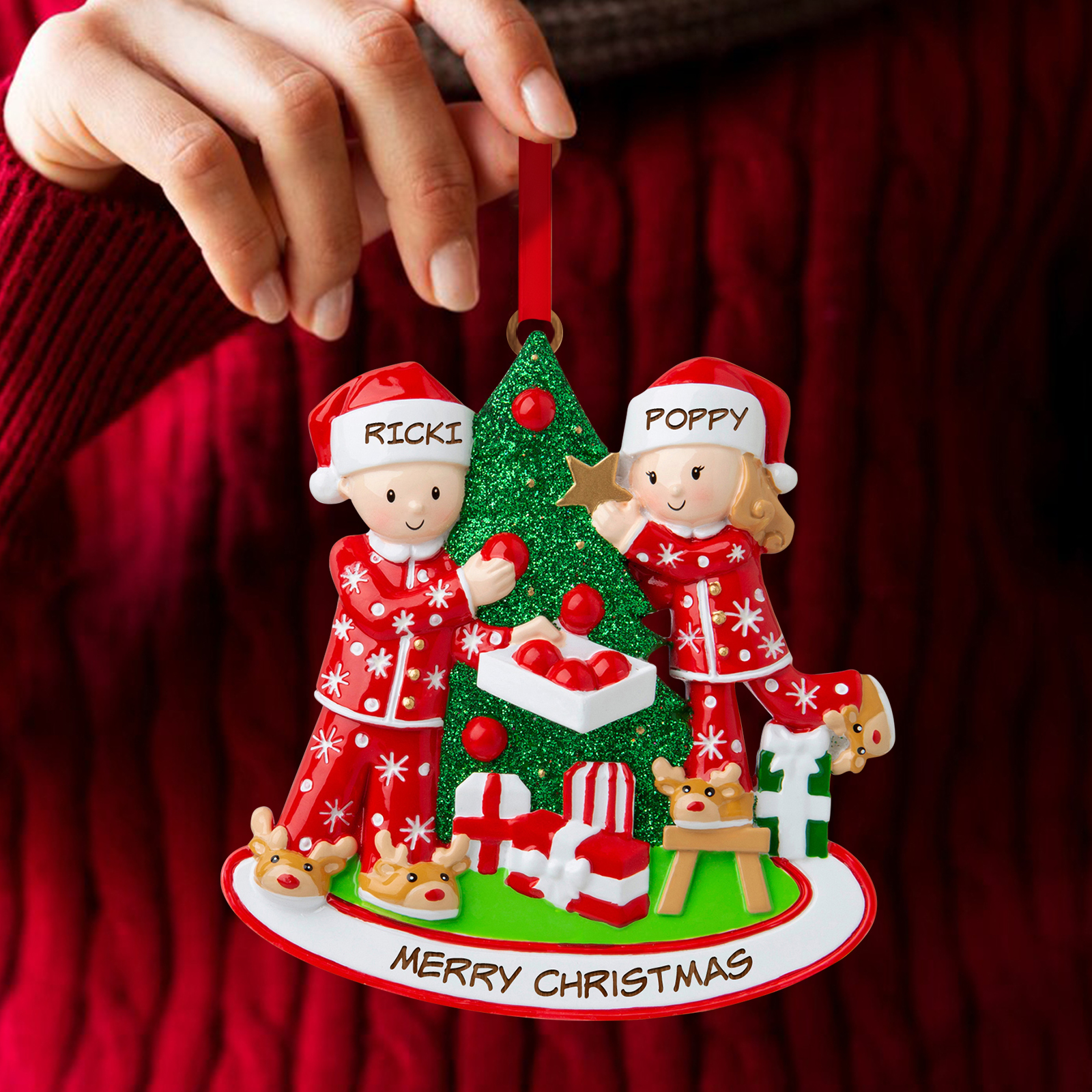 Personalised Couple Ornament with Names Festive Christmas Tree Decorating Scene-Jessemade AU