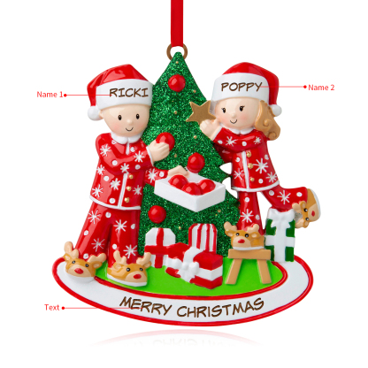 Personalised Couple Ornament with Names Festive Christmas Tree Decorating Scene-Jessemade AU