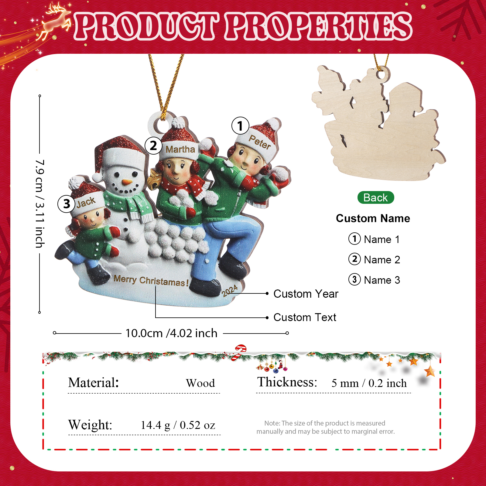 Personalised Wooden Family Ornament with Custom 3 Names Snowball Fight Christmas Decoration-Jessemade AU