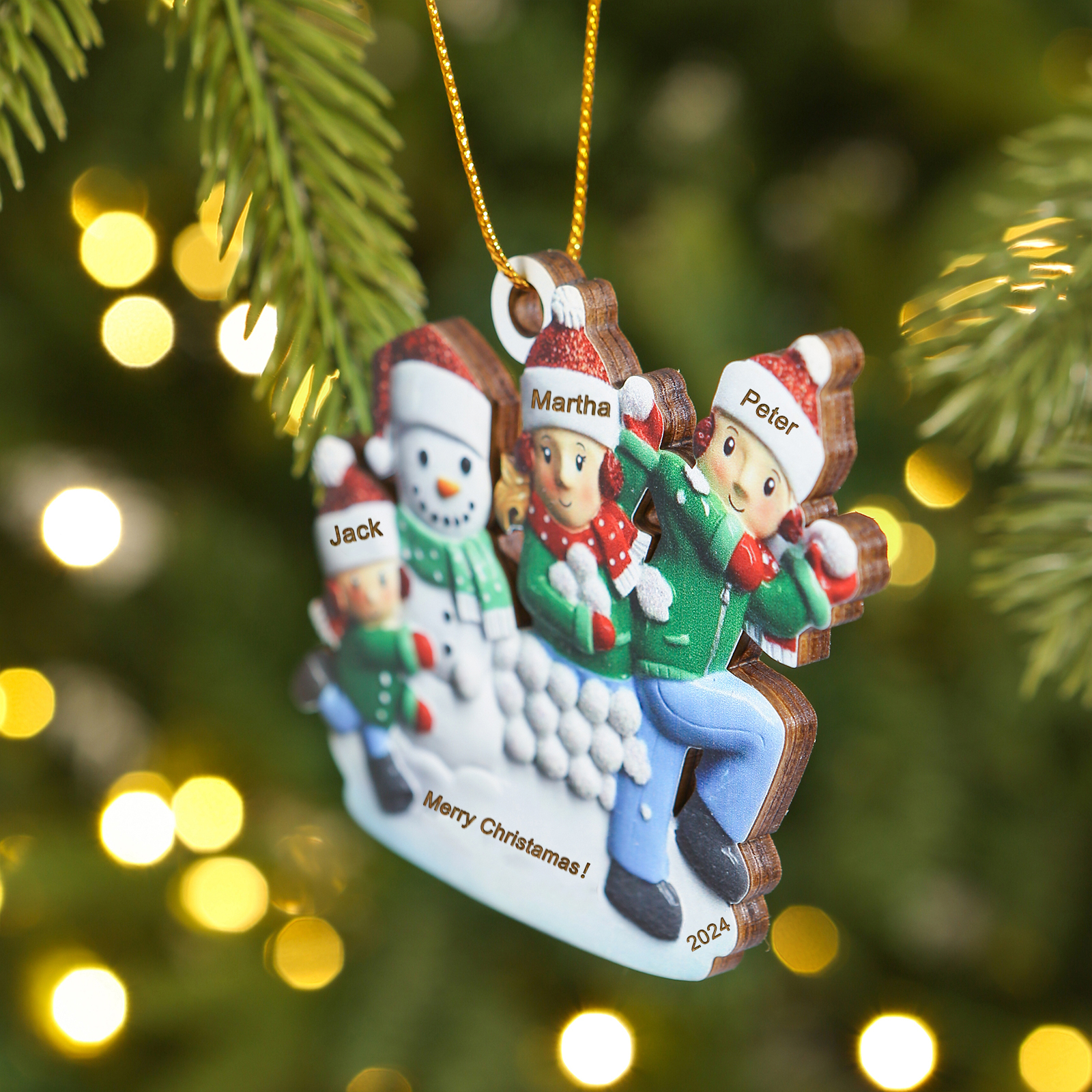 Personalised Wooden Family Ornament with Custom 3 Names Snowball Fight Christmas Decoration-Jessemade AU