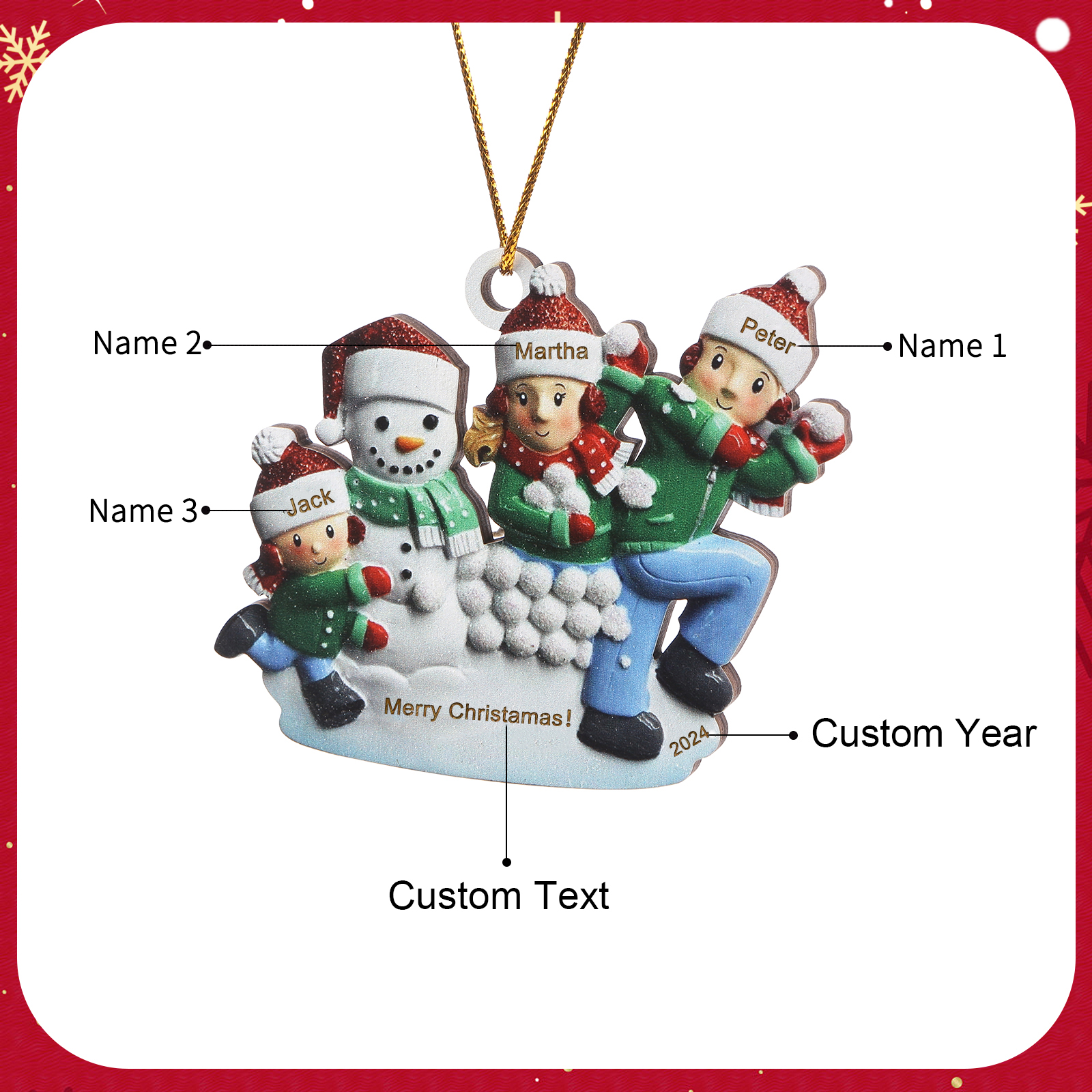 Personalised Wooden Family Ornament with Custom 3 Names Snowball Fight Christmas Decoration