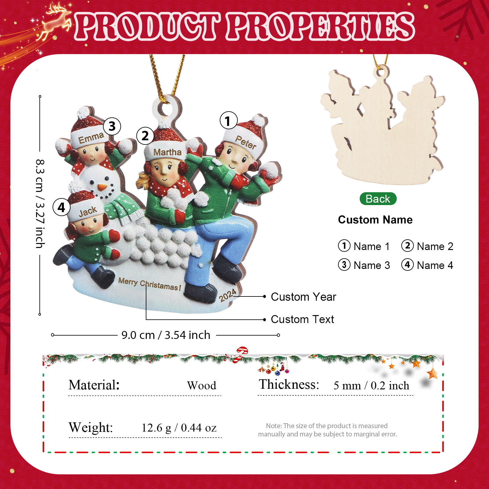 Personalised Wooden Family Ornament with Custom 4 Names Snowball Fight Christmas Decoration-Jessemade AU