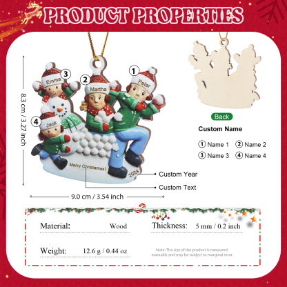 Personalised Wooden Family Ornament with Custom 4 Names Snowball Fight Christmas Decoration-Jessemade AU