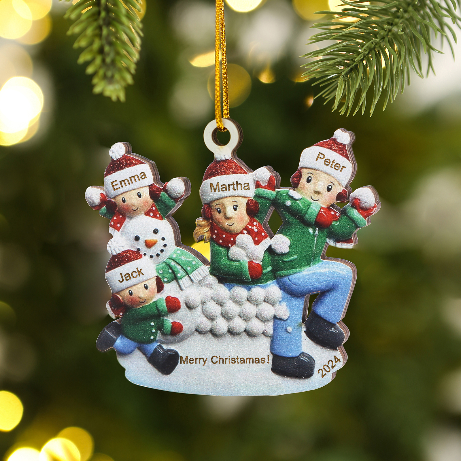 Personalised Wooden Family Ornament with Custom 4 Names Snowball Fight Christmas Decoration