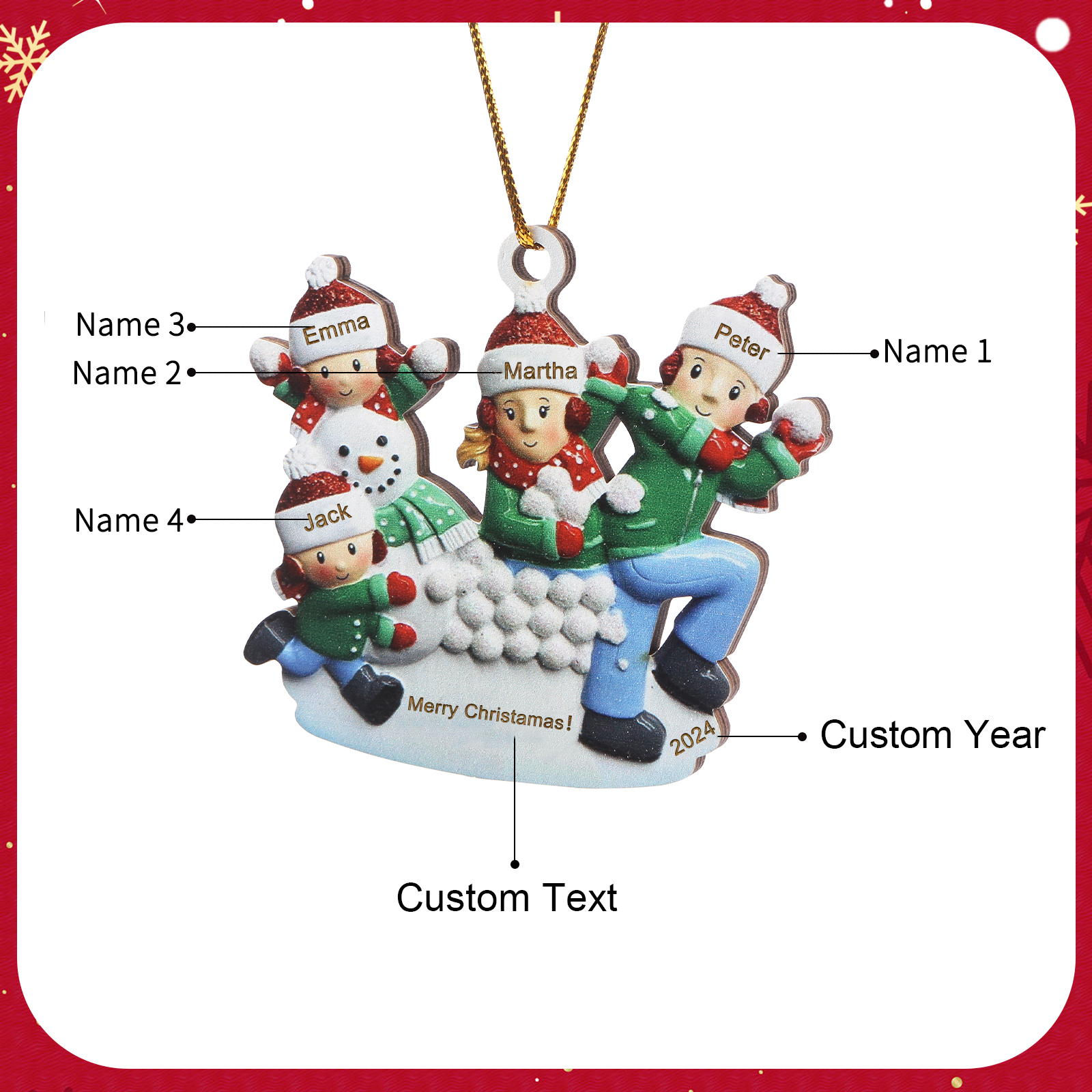 Personalised Wooden Family Ornament with Custom 4 Names Snowball Fight Christmas Decoration