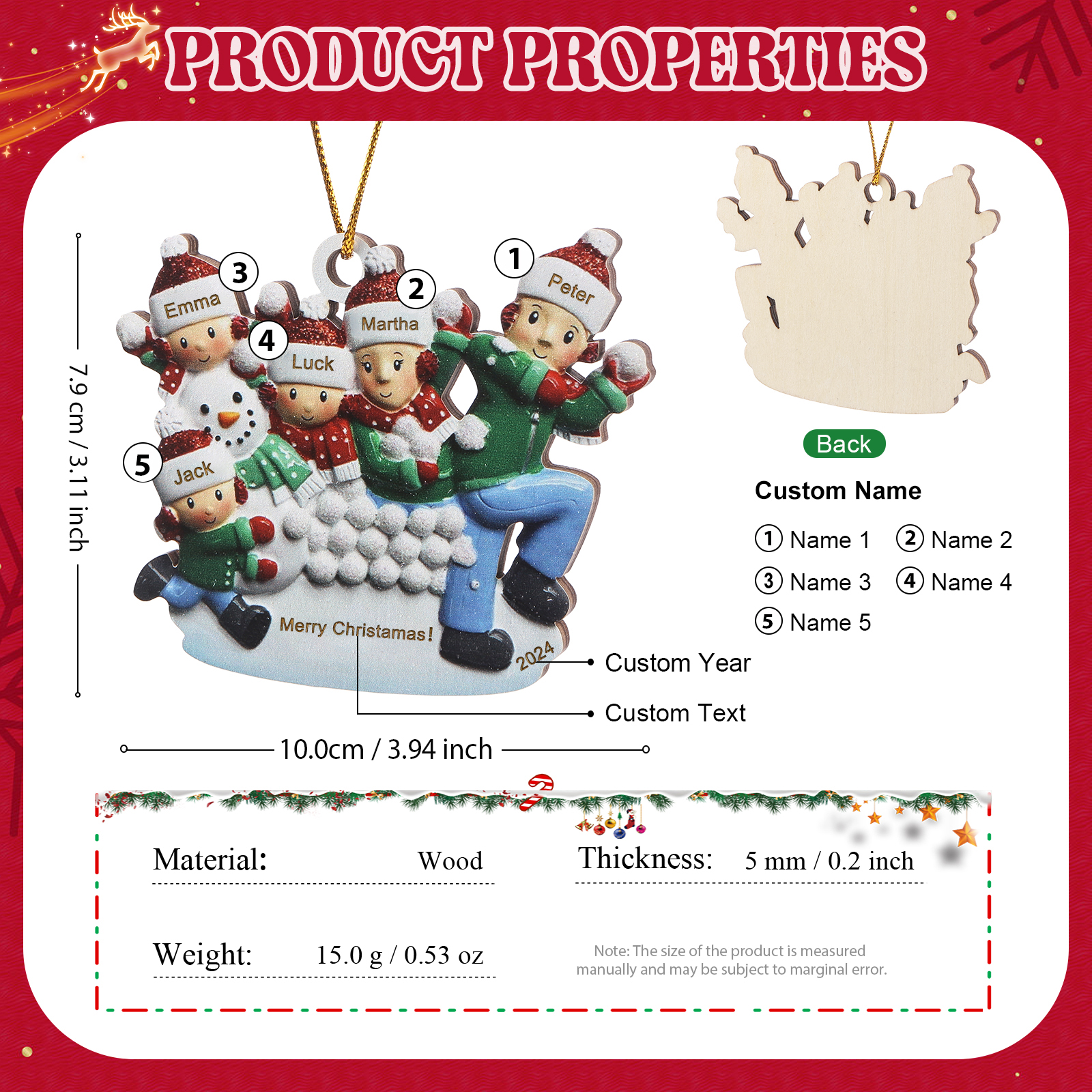 Personalised Wooden Family Ornament with Custom 5 Names Snowball Fight Christmas Decoration-Jessemade AU