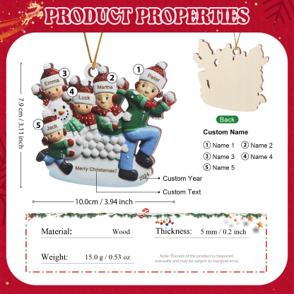 Personalised Wooden Family Ornament with Custom 5 Names Snowball Fight Christmas Decoration-Jessemade AU