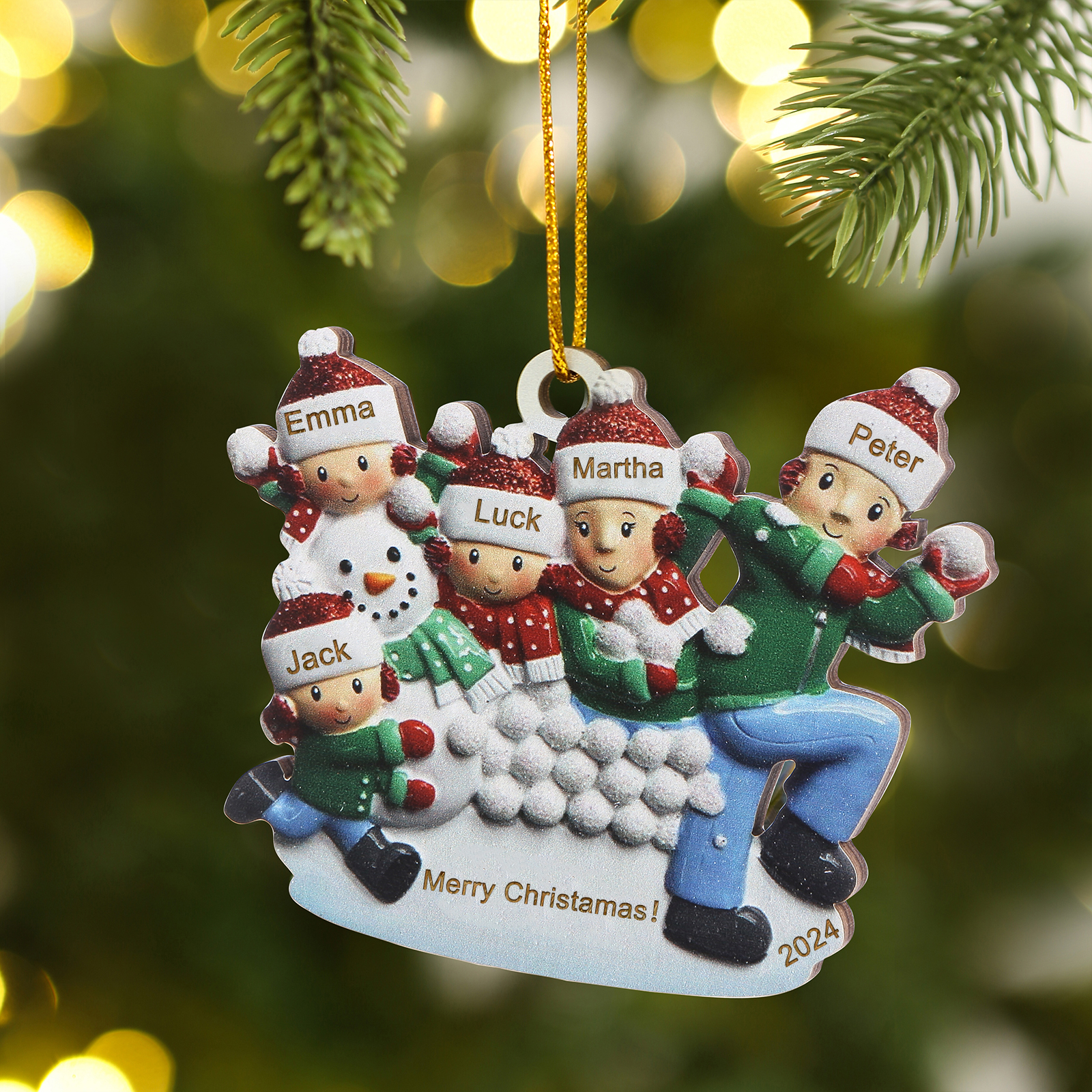 Personalised Wooden Family Ornament with Custom 5 Names Snowball Fight Christmas Decoration