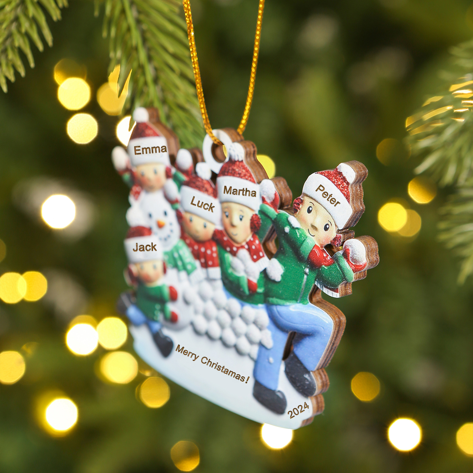Personalised Wooden Family Ornament with Custom 5 Names Snowball Fight Christmas Decoration-Jessemade AU