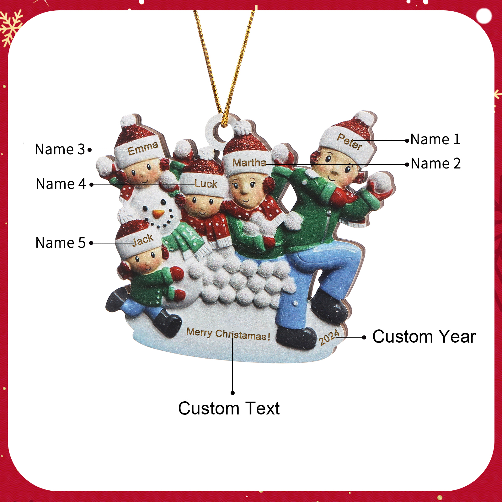 Personalised Wooden Family Ornament with Custom 5 Names Snowball Fight Christmas Decoration