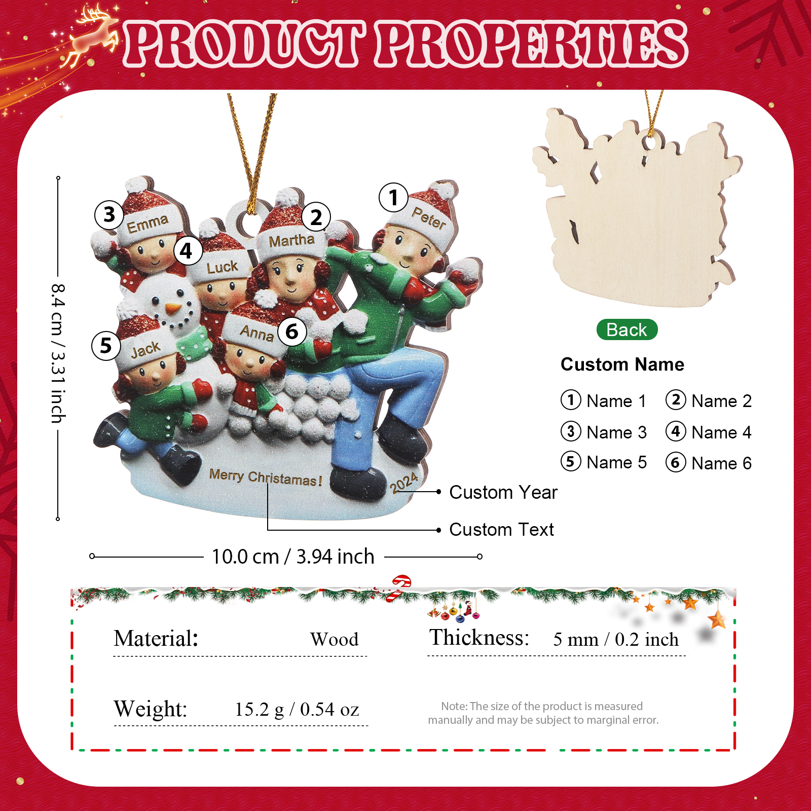 Personalised Wooden Family Ornament with Custom 6 Names Snowball Fight Christmas Decoration-Jessemade AU