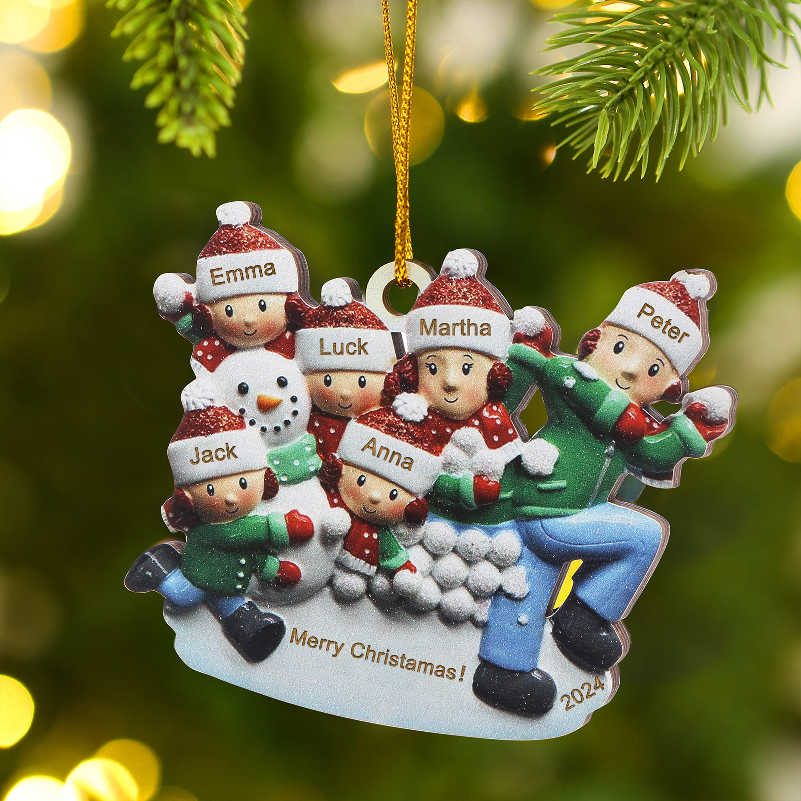 Personalised Wooden Family Ornament with Custom 6 Names Snowball Fight Christmas Decoration