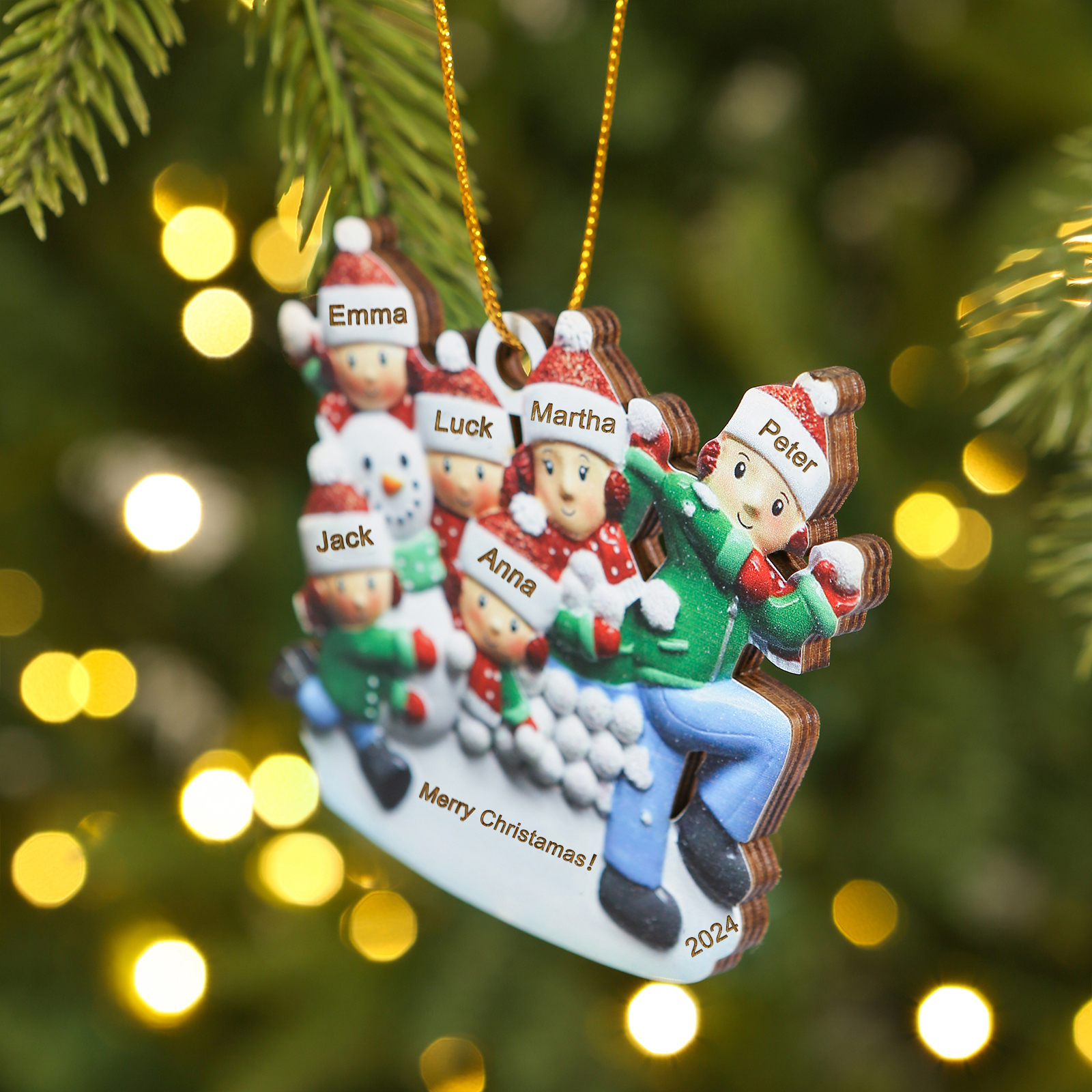 Personalised Wooden Family Ornament with Custom 6 Names Snowball Fight Christmas Decoration-Jessemade AU