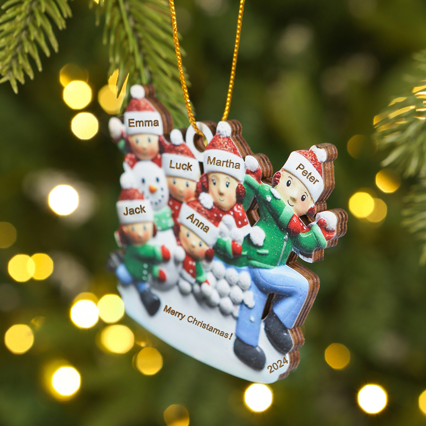 Personalised Wooden Family Ornament with Custom 6 Names Snowball Fight Christmas Decoration-Jessemade AU