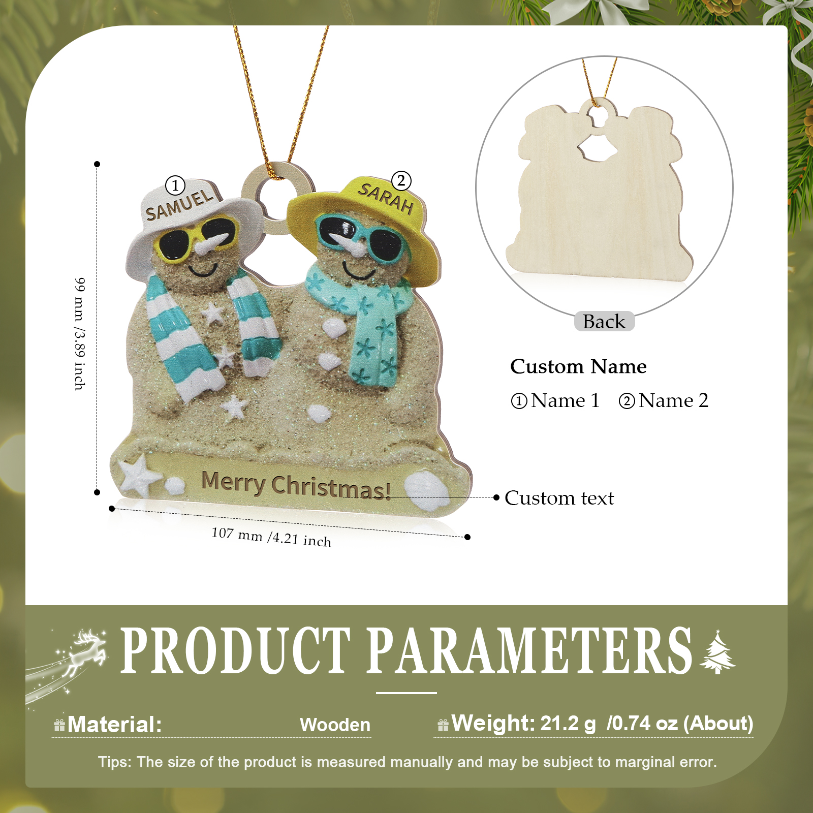 Personalised Beach Sandman Family Ornament Custom 1 Text & 2 Names Wooden Christmas Gift for Couple-Jessemade AU