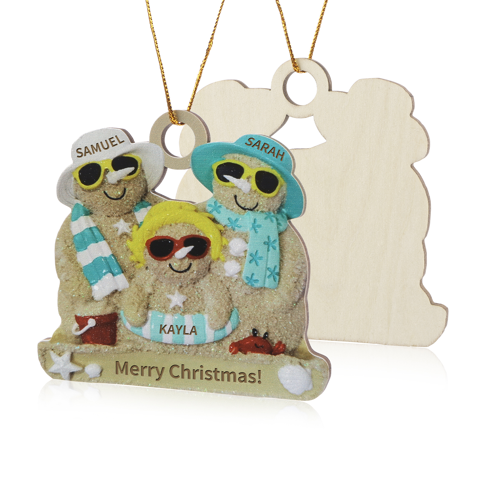 Personalised Beach Sandman Family Ornament Custom 1 Text & 3 Names Wooden Christmas Gifts-Jessemade AU