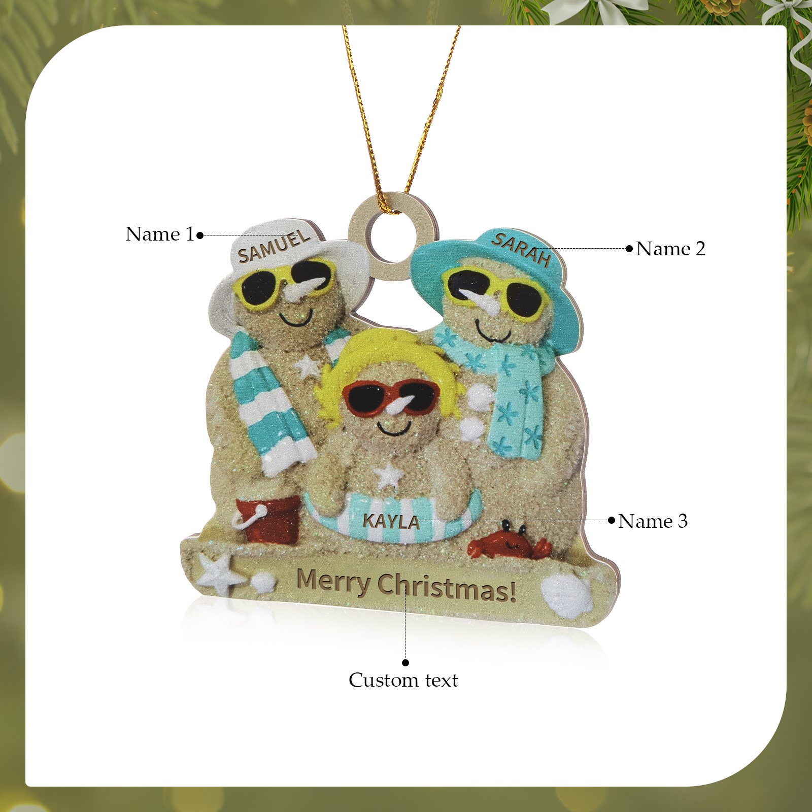 Personalised Beach Sandman Family Ornament Custom 1 Text & 3 Names Wooden Christmas Gifts-Jessemade AU