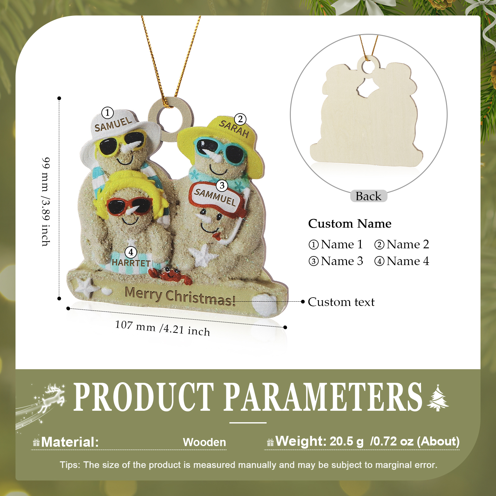 Personalised Beach Sandman Family Ornament Custom 1 Text & 4 Names Wooden Christmas Gifts-Jessemade AU