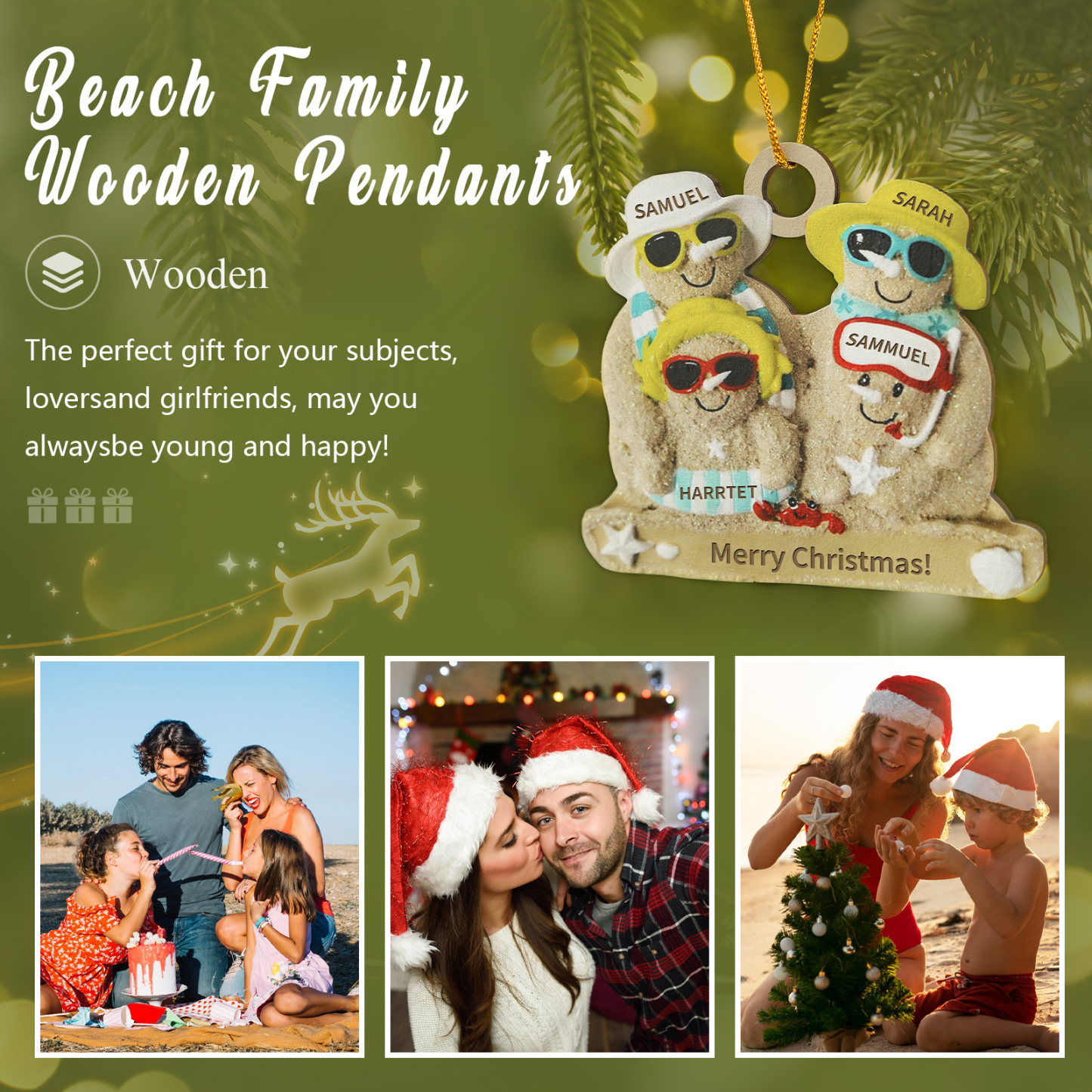 Personalised Beach Sandman Family Ornament Custom 1 Text & 4 Names Wooden Christmas Gifts-Jessemade AU