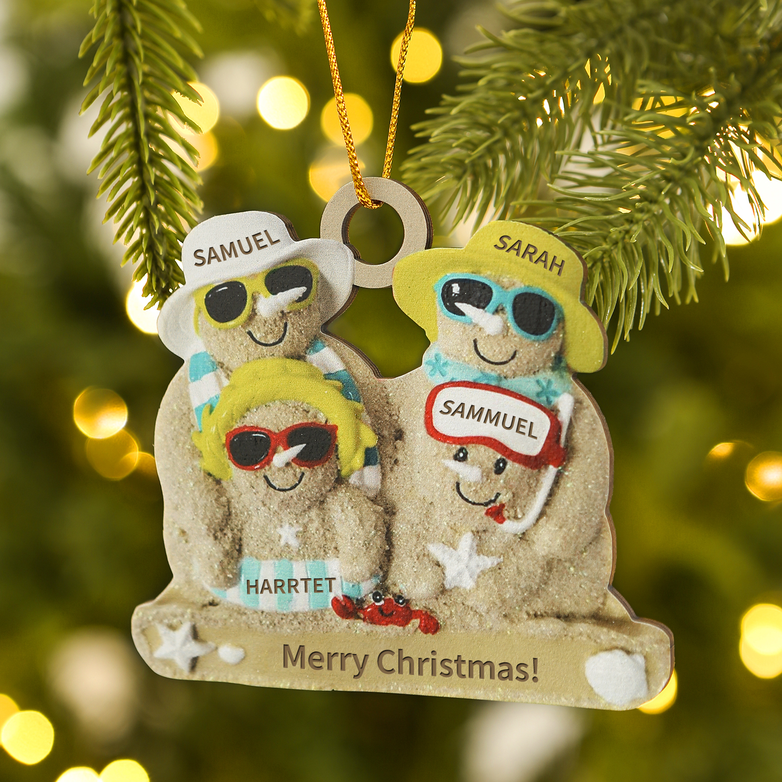 Personalised Beach Sandman Family Ornament Custom 1 Text & 4 Names Wooden Christmas Gifts-Jessemade AU