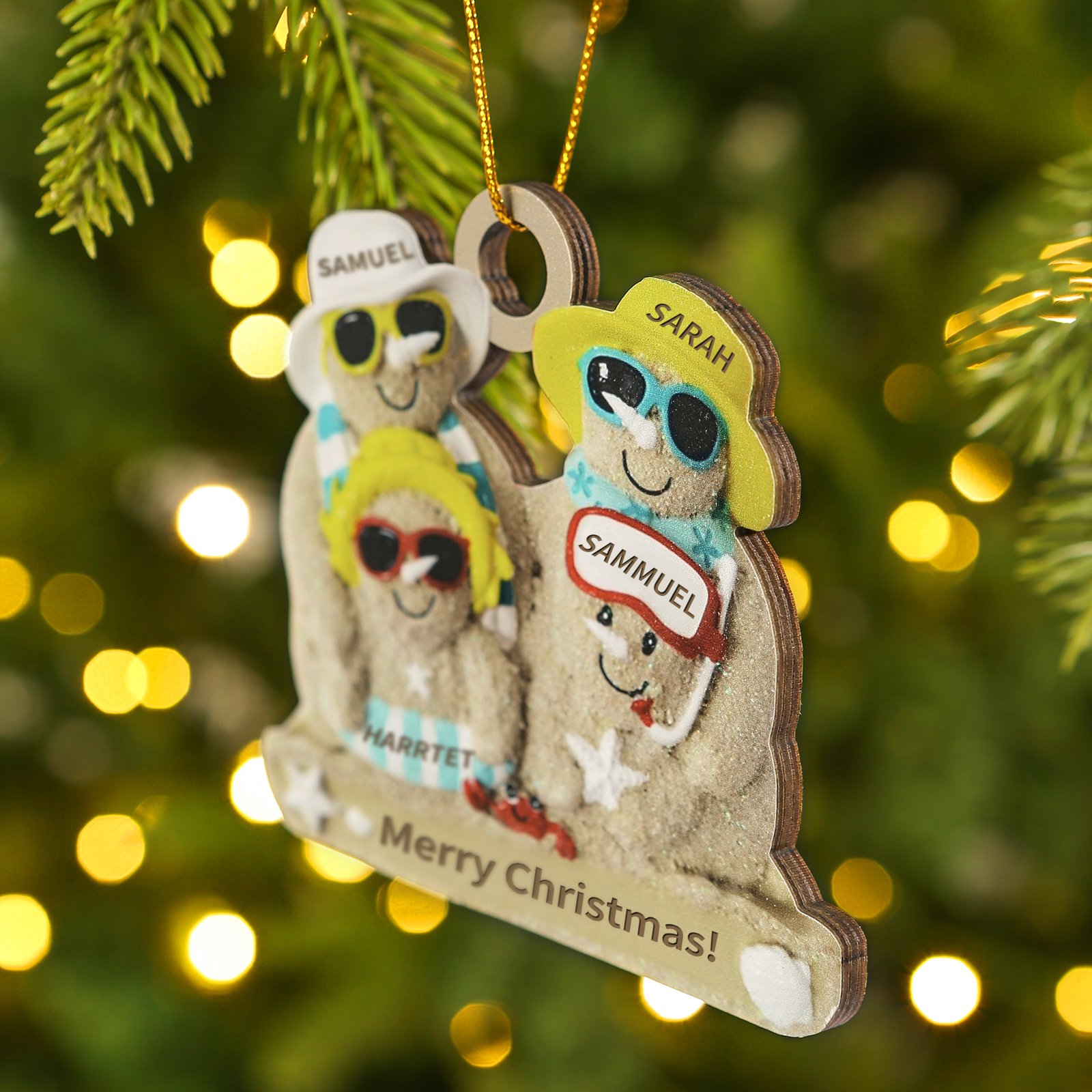 Personalised Beach Sandman Family Ornament Custom 1 Text & 4 Names Wooden Christmas Gifts-Jessemade AU