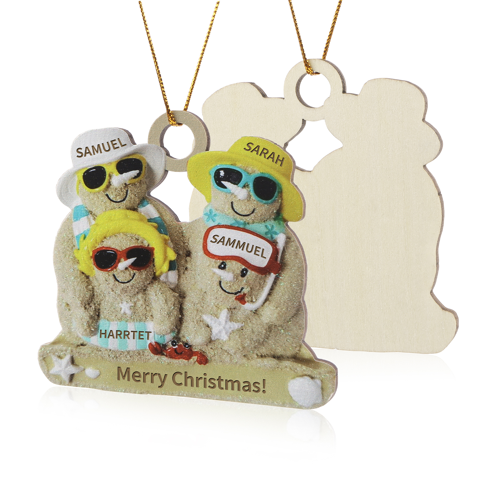 Personalised Beach Sandman Family Ornament Custom 1 Text & 4 Names Wooden Christmas Gifts-Jessemade AU