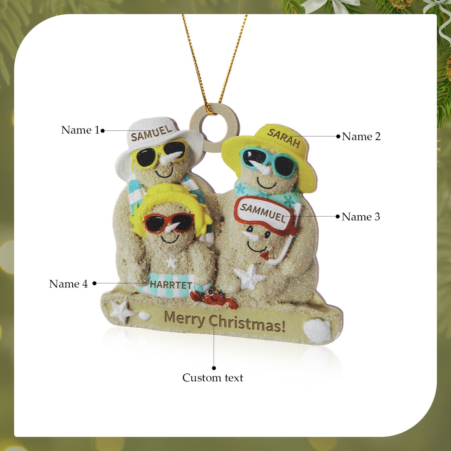 Personalised Beach Sandman Family Ornament Custom 1 Text & 4 Names Wooden Christmas Gifts-Jessemade AU