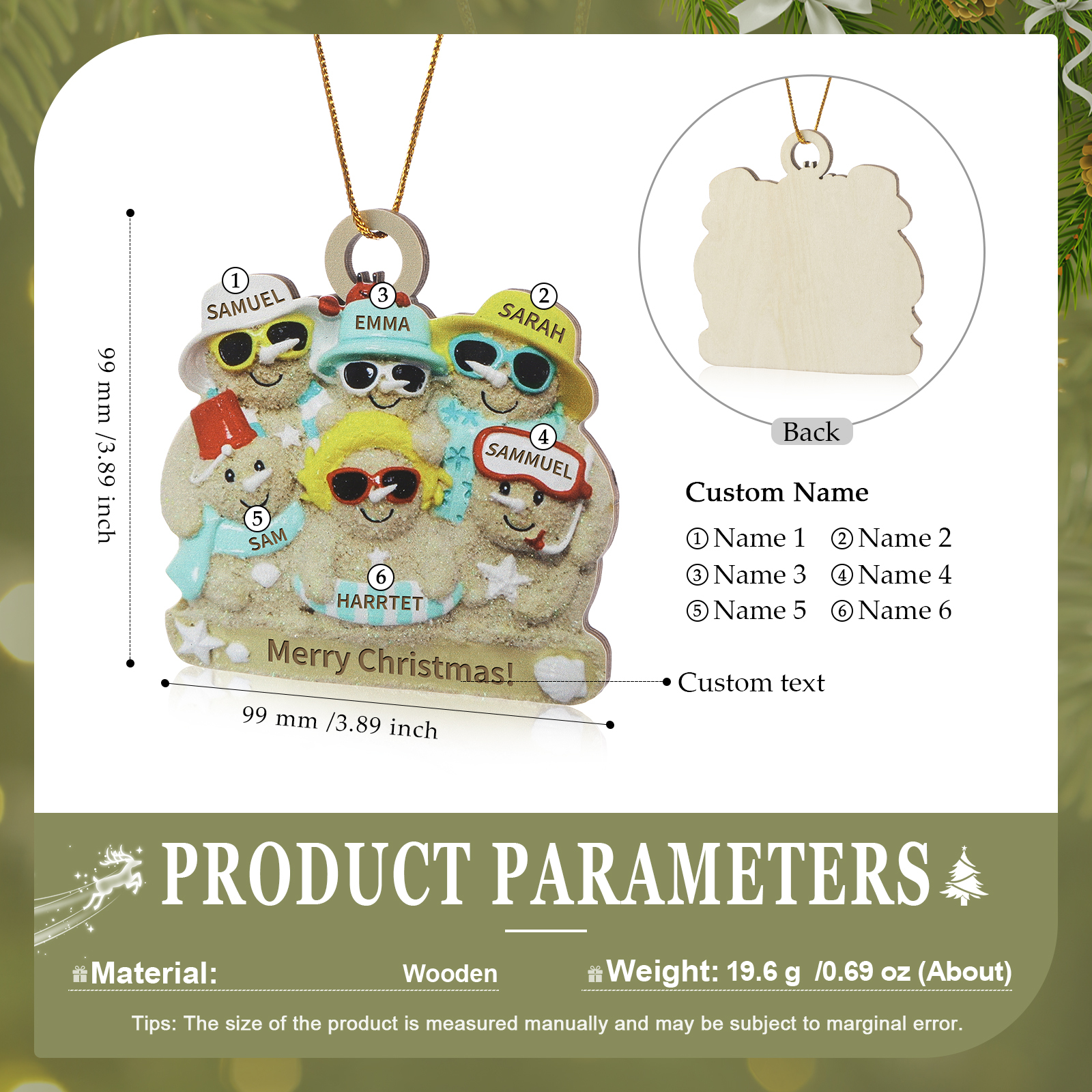 Personalised Beach Sandman Family Ornament Custom 1 Text & 6 Names Wooden Christmas Gifts-Jessemade AU