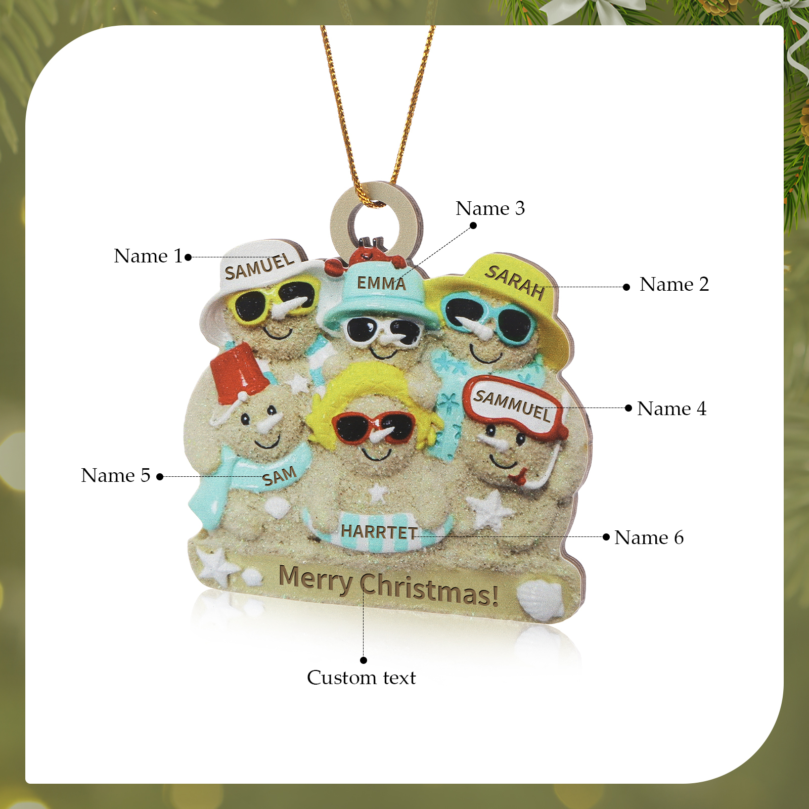 Personalised Beach Sandman Family Ornament Custom 1 Text & 6 Names Wooden Christmas Gifts-Jessemade AU