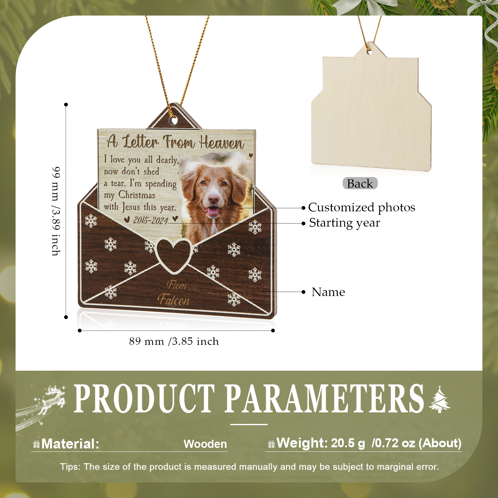 Personalised  Envelope Wooden Ornament Pet Memorial Gift Christmas Gift-Jessemade AU