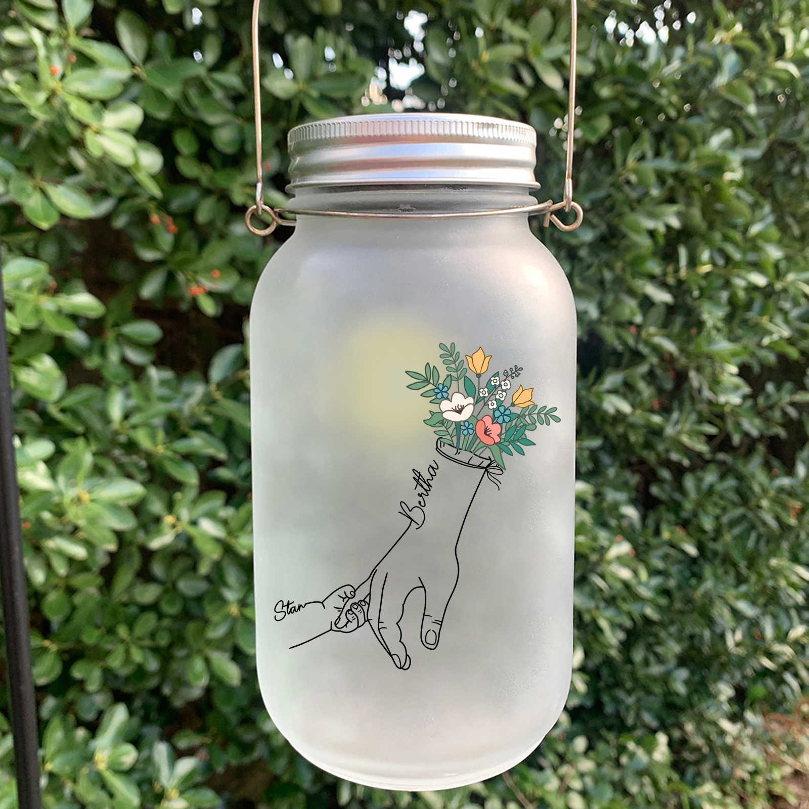 Personalised Holding Hand Flower Mason Jar Custom 2-7 Names Family Gift Solar Light Bottle for Christmas-Jessemade AU