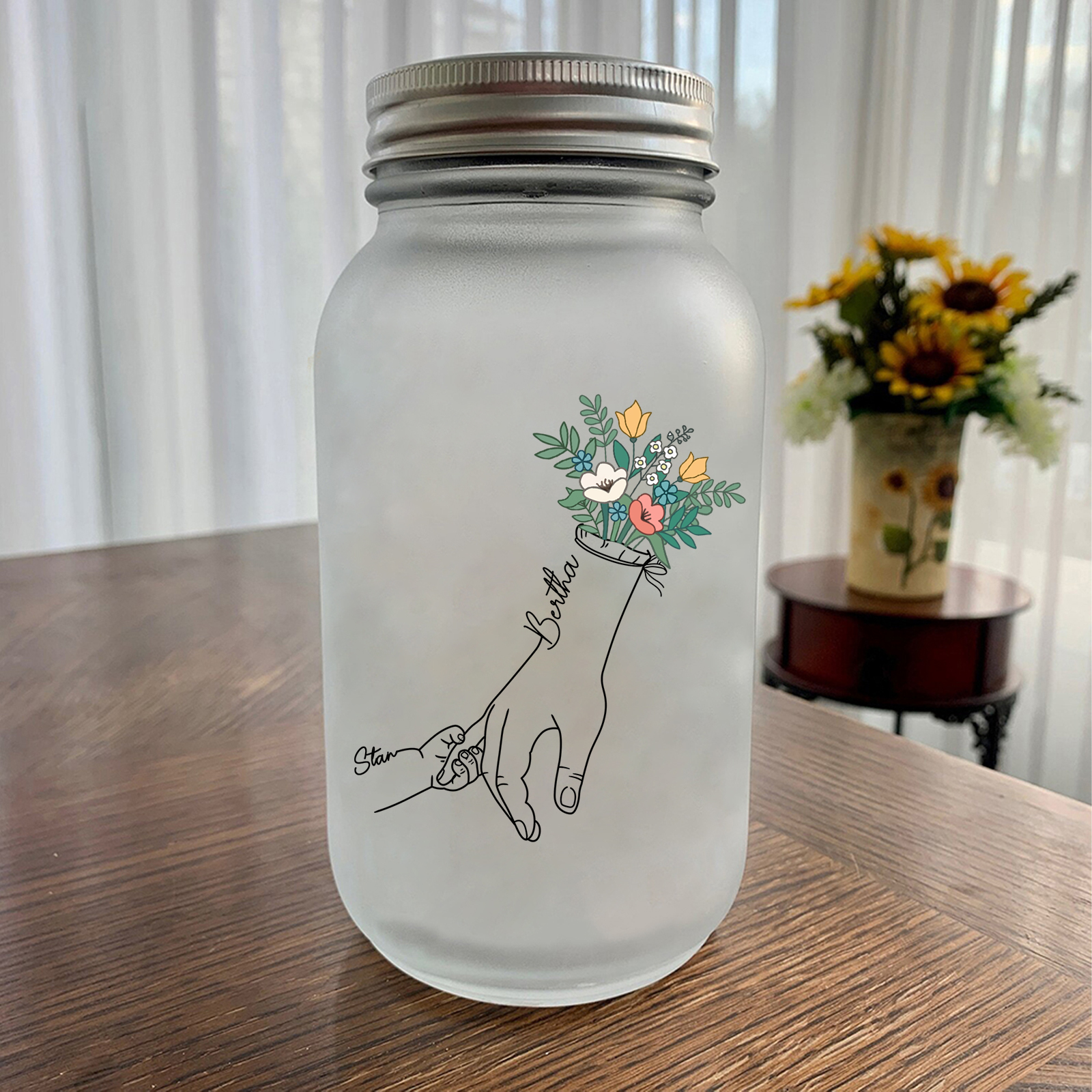 Personalised Holding Hand Flower Mason Jar Custom 2-7 Names Family Gift Solar Light Bottle for Christmas-Jessemade AU