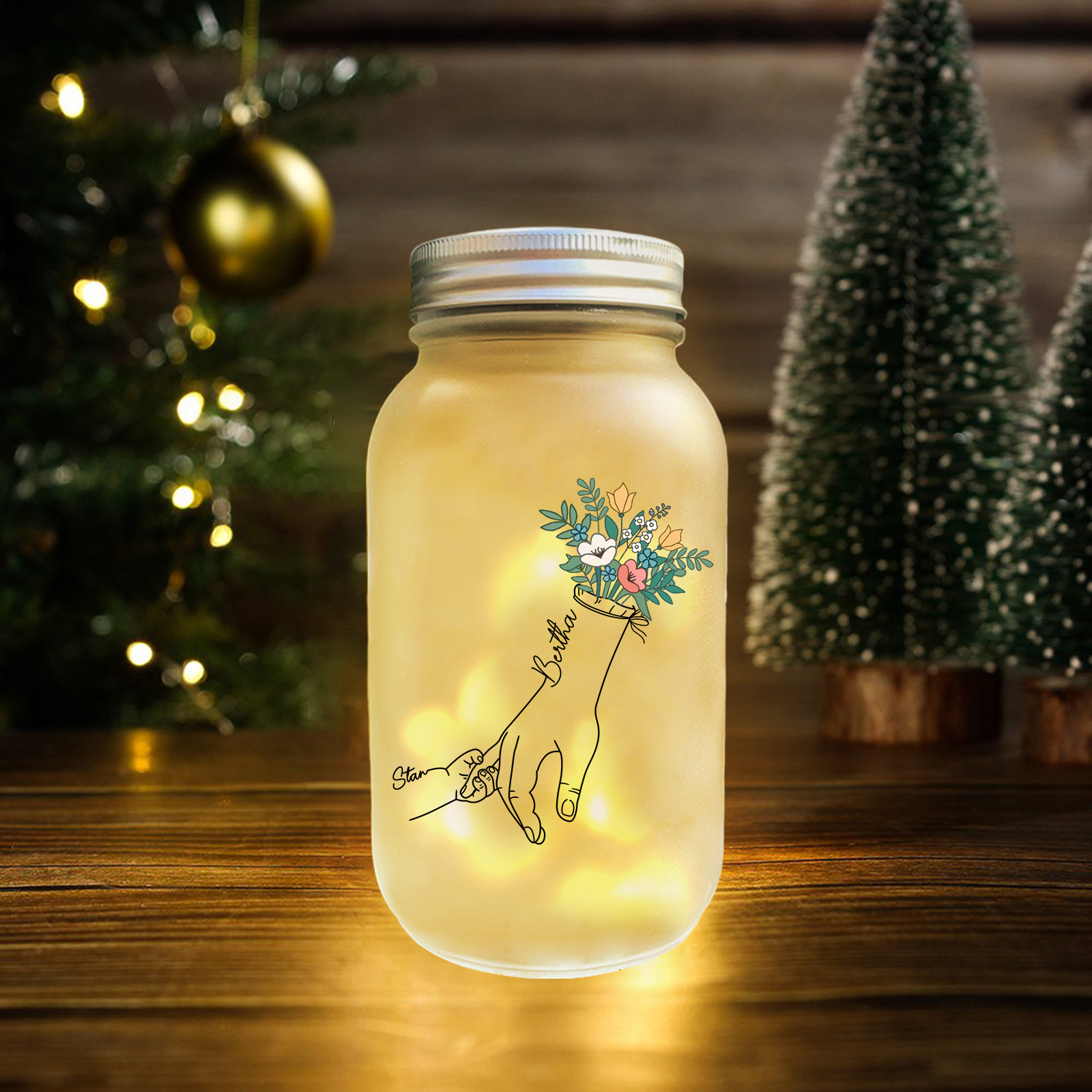 Personalised Holding Hand Flower Mason Jar Custom 2-7 Names Family Gift Solar Light Bottle for Christmas-Jessemade AU