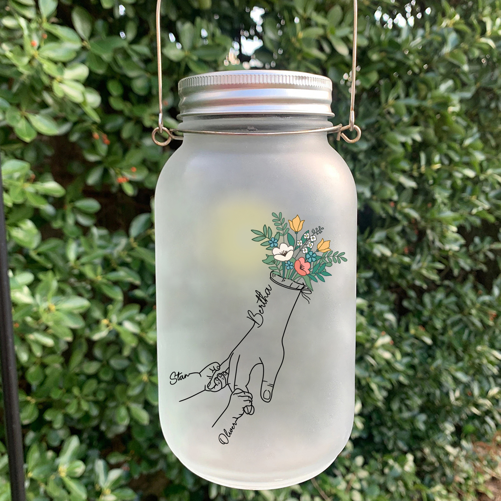 Personalised Holding Hand Flower Mason Jar Custom 2-7 Names Family Gift Solar Light Bottle for Christmas-Jessemade AU