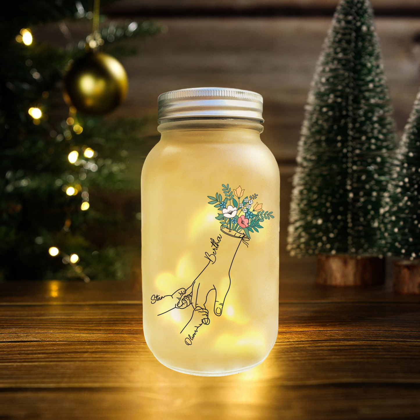 Personalised Holding Hand Flower Mason Jar Custom 2-7 Names Family Gift Solar Light Bottle for Christmas-Jessemade AU