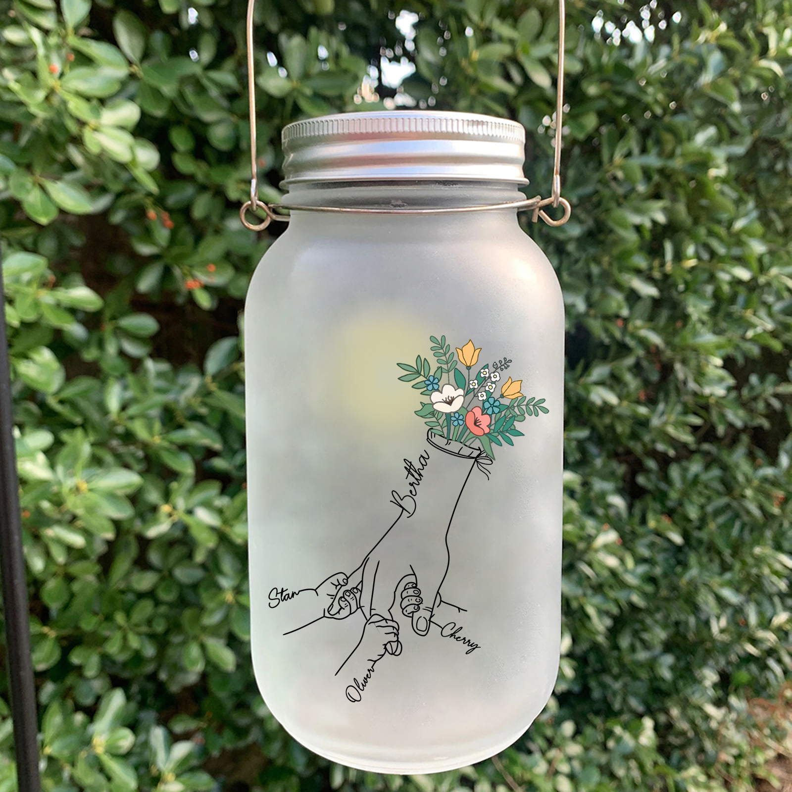 Personalised Holding Hand Flower Mason Jar Custom 2-7 Names Family Gift Solar Light Bottle for Christmas-Jessemade AU