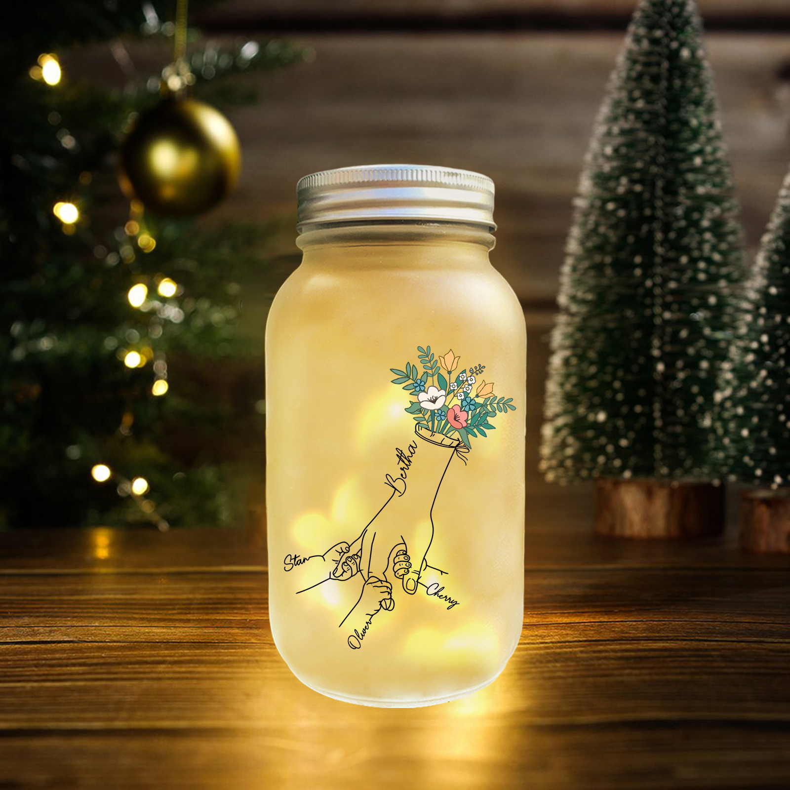 Personalised Holding Hand Flower Mason Jar Custom 2-7 Names Family Gift Solar Light Bottle for Christmas